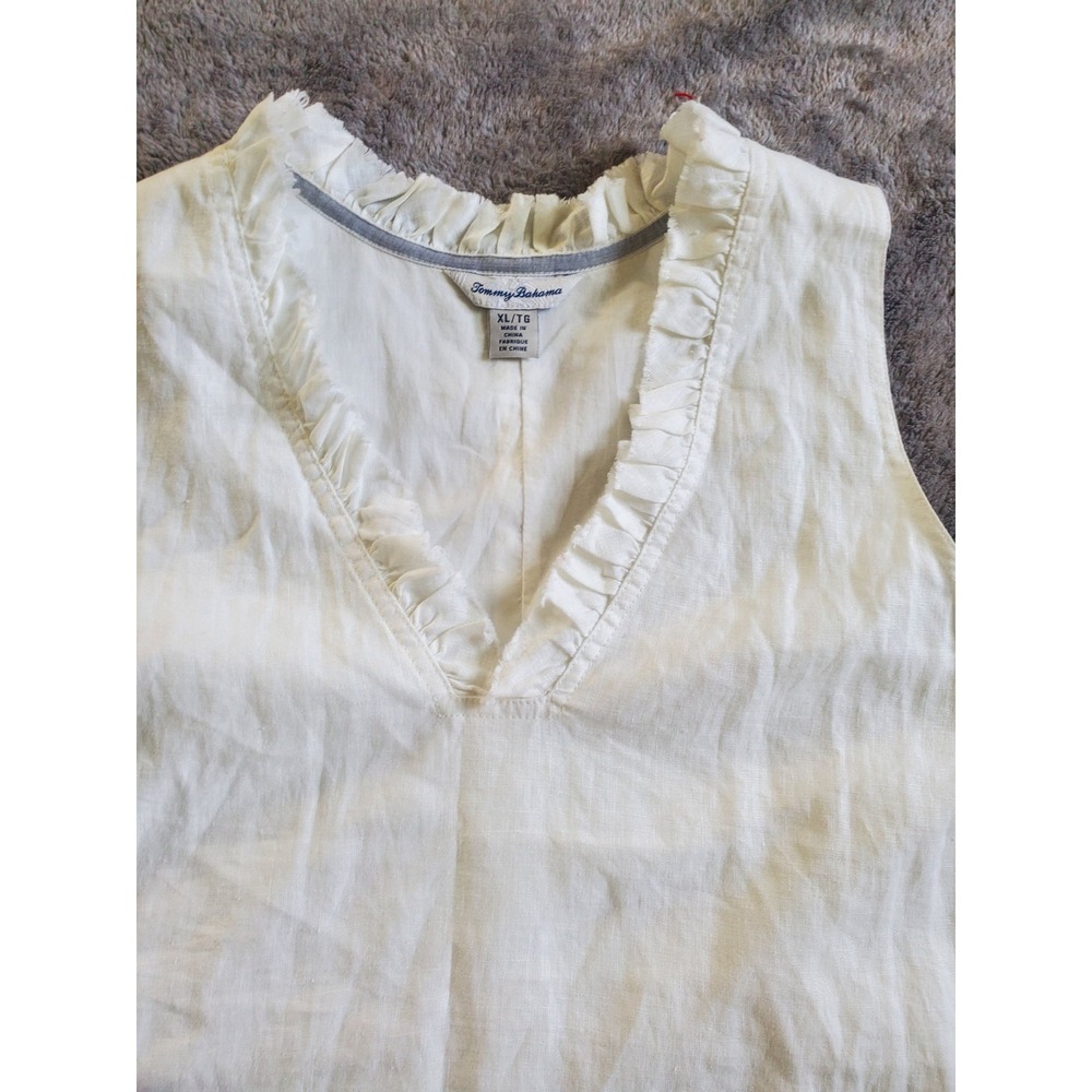 Tommy Bahama Two Palms Ruffled White Linen Shift Dress Pockets V-Neck XL Beach - Picture 6 of 10